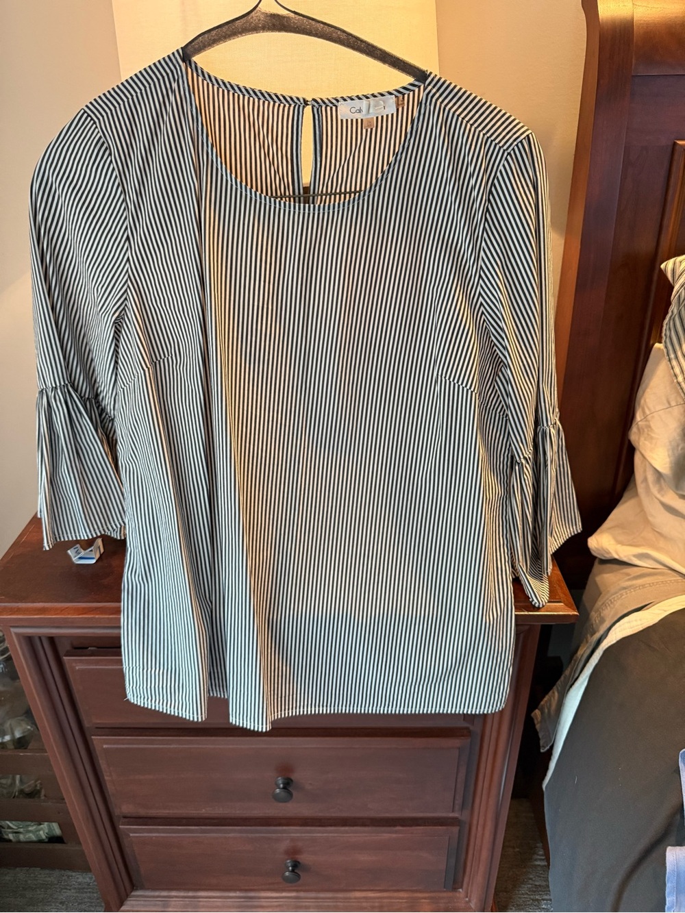 Calvin Klein Navy and White Stripe Ruffle Sleeve Blouse